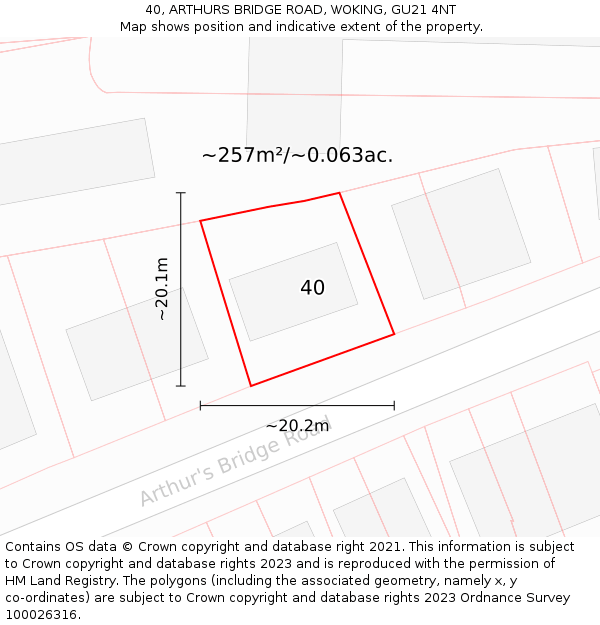 40, ARTHURS BRIDGE ROAD, WOKING, GU21 4NT: Plot and title map