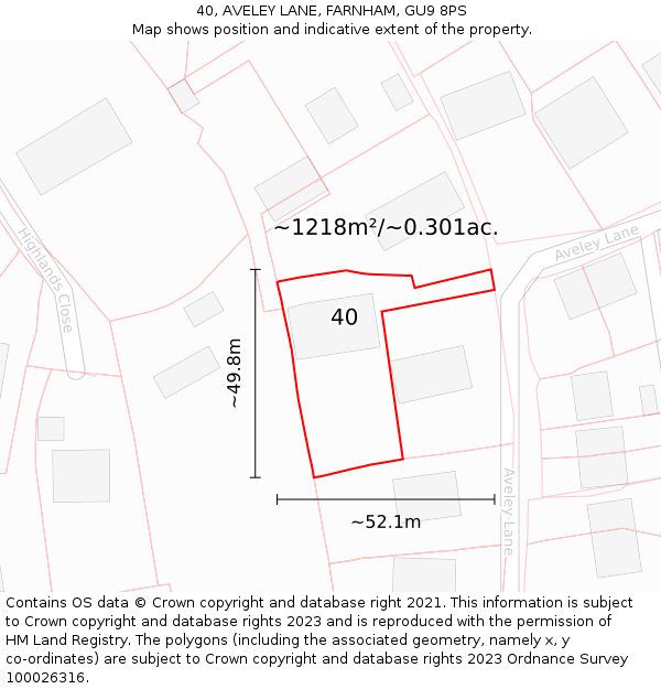 40, AVELEY LANE, FARNHAM, GU9 8PS: Plot and title map