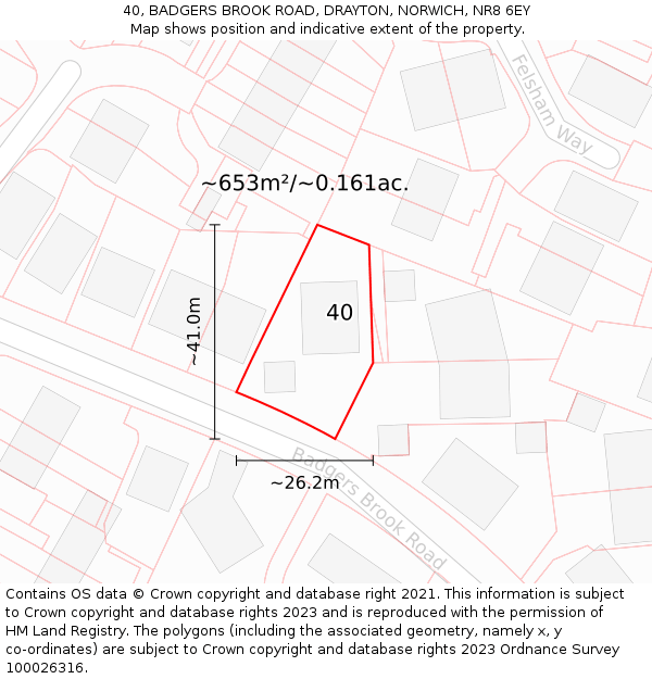 40, BADGERS BROOK ROAD, DRAYTON, NORWICH, NR8 6EY: Plot and title map