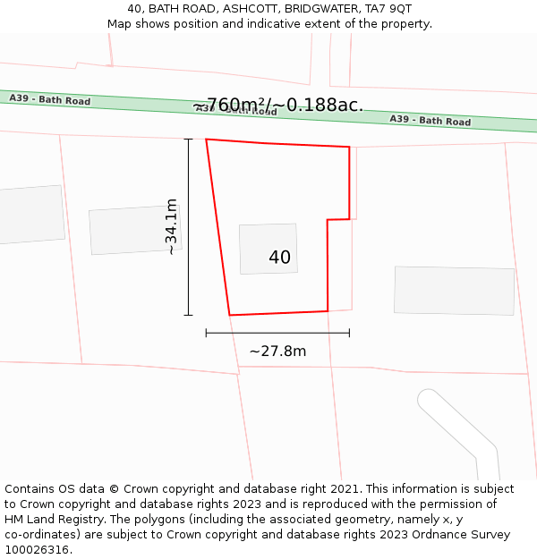 40, BATH ROAD, ASHCOTT, BRIDGWATER, TA7 9QT: Plot and title map