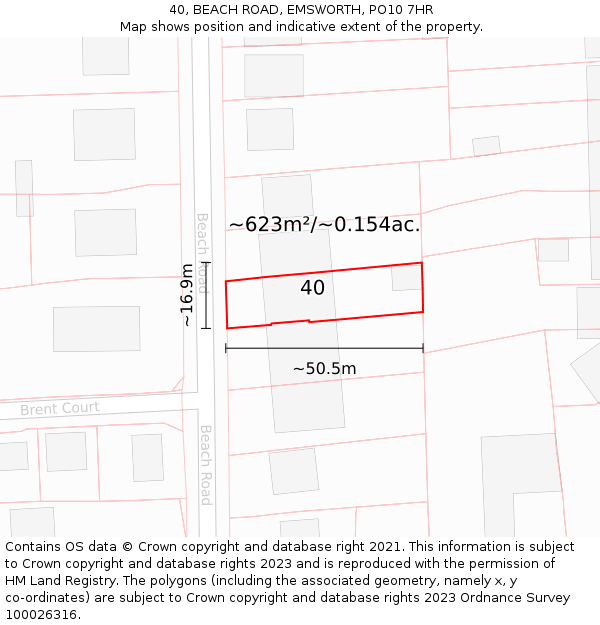 40, BEACH ROAD, EMSWORTH, PO10 7HR: Plot and title map