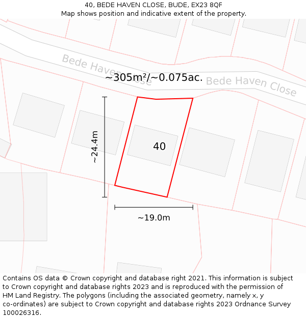 40, BEDE HAVEN CLOSE, BUDE, EX23 8QF: Plot and title map