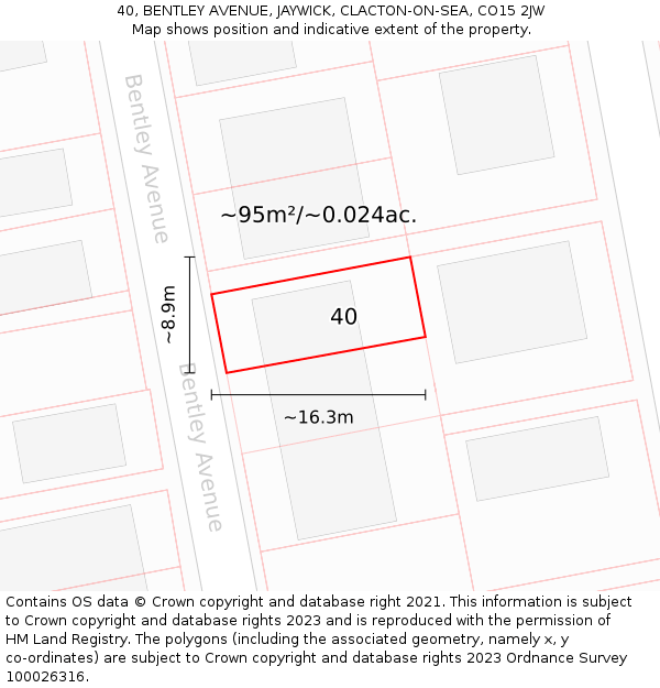 40, BENTLEY AVENUE, JAYWICK, CLACTON-ON-SEA, CO15 2JW: Plot and title map