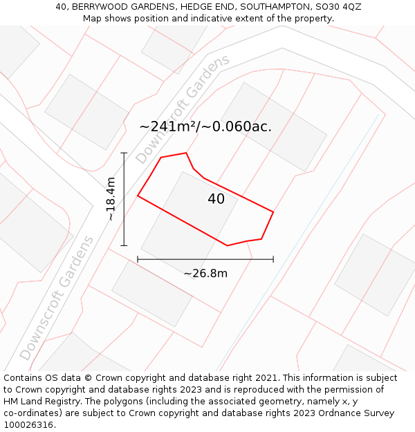 40, BERRYWOOD GARDENS, HEDGE END, SOUTHAMPTON, SO30 4QZ: Plot and title map