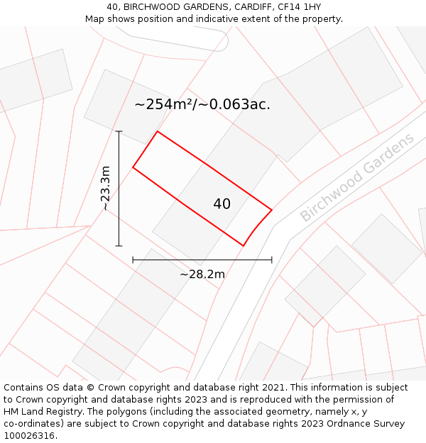 40, BIRCHWOOD GARDENS, CARDIFF, CF14 1HY: Plot and title map