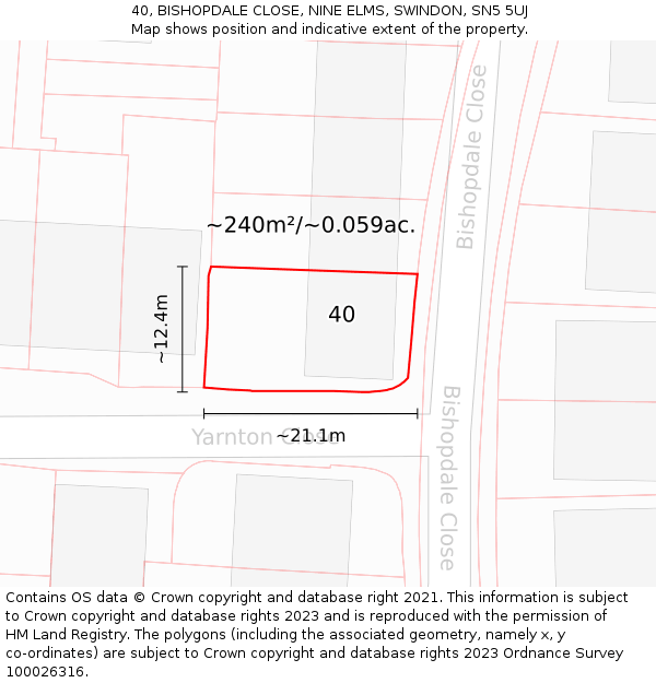 40, BISHOPDALE CLOSE, NINE ELMS, SWINDON, SN5 5UJ: Plot and title map