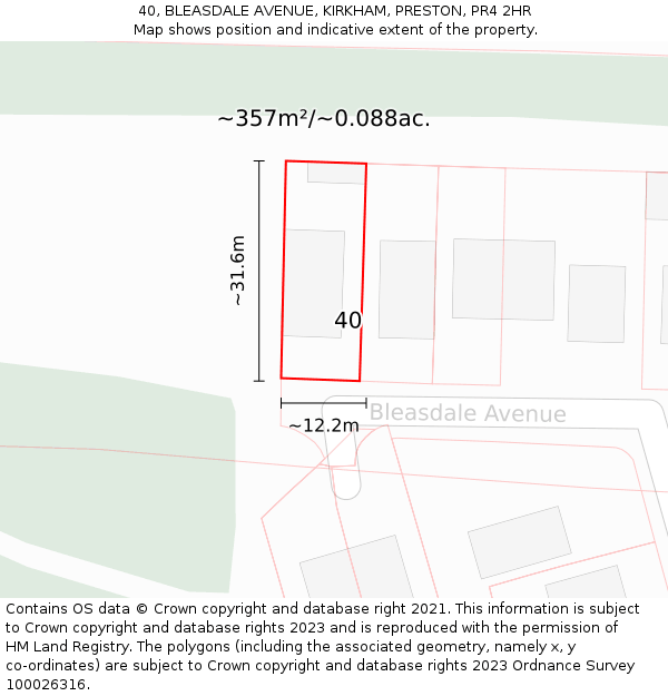 40, BLEASDALE AVENUE, KIRKHAM, PRESTON, PR4 2HR: Plot and title map