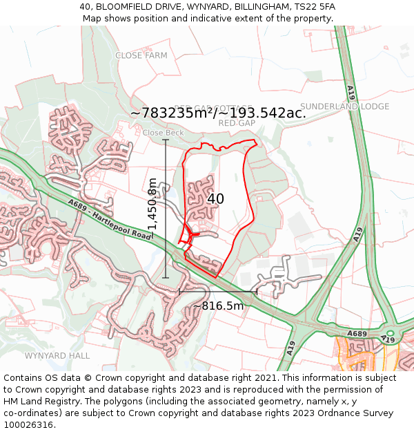 40, BLOOMFIELD DRIVE, WYNYARD, BILLINGHAM, TS22 5FA: Plot and title map