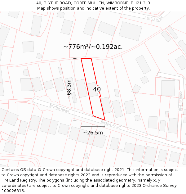 40, BLYTHE ROAD, CORFE MULLEN, WIMBORNE, BH21 3LR: Plot and title map