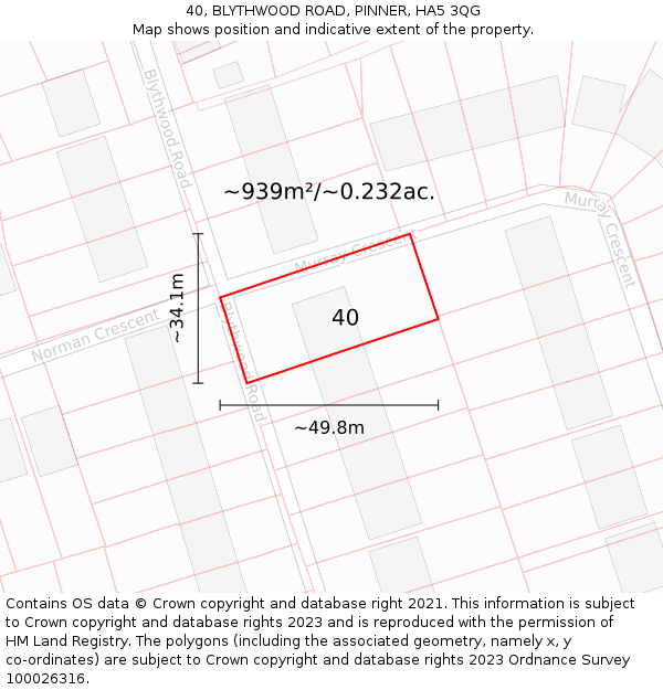 40, BLYTHWOOD ROAD, PINNER, HA5 3QG: Plot and title map