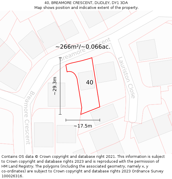 40, BREAMORE CRESCENT, DUDLEY, DY1 3DA: Plot and title map