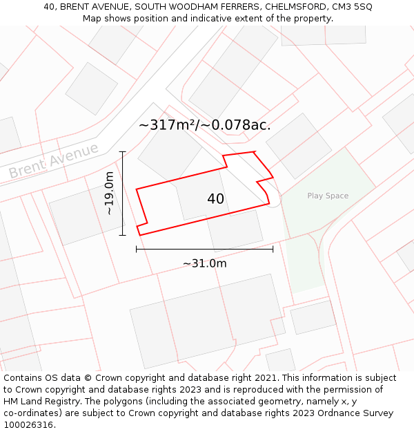 40, BRENT AVENUE, SOUTH WOODHAM FERRERS, CHELMSFORD, CM3 5SQ: Plot and title map