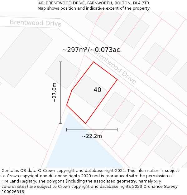 40, BRENTWOOD DRIVE, FARNWORTH, BOLTON, BL4 7TR: Plot and title map