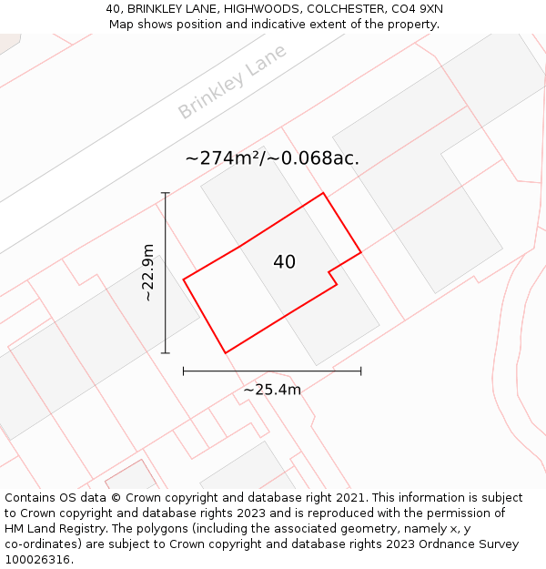 40, BRINKLEY LANE, HIGHWOODS, COLCHESTER, CO4 9XN: Plot and title map