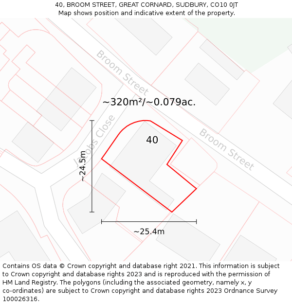 40, BROOM STREET, GREAT CORNARD, SUDBURY, CO10 0JT: Plot and title map