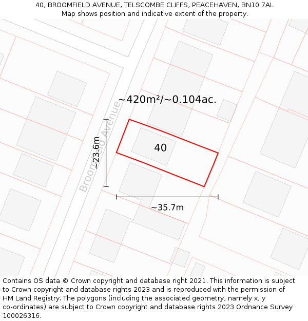 40, BROOMFIELD AVENUE, TELSCOMBE CLIFFS, PEACEHAVEN, BN10 7AL: Plot and title map