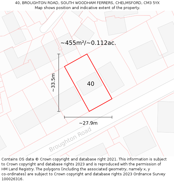 40, BROUGHTON ROAD, SOUTH WOODHAM FERRERS, CHELMSFORD, CM3 5YX: Plot and title map