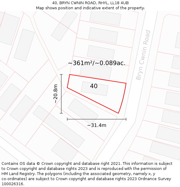 40, BRYN CWNIN ROAD, RHYL, LL18 4UB: Plot and title map