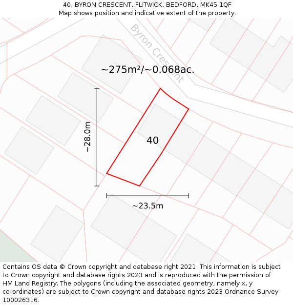 40, BYRON CRESCENT, FLITWICK, BEDFORD, MK45 1QF: Plot and title map