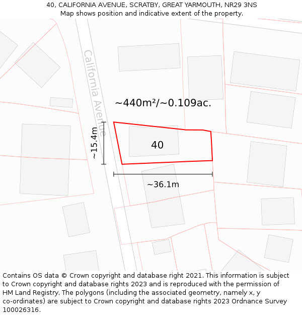 40, CALIFORNIA AVENUE, SCRATBY, GREAT YARMOUTH, NR29 3NS: Plot and title map