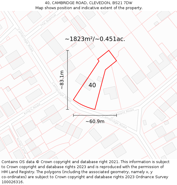 40, CAMBRIDGE ROAD, CLEVEDON, BS21 7DW: Plot and title map