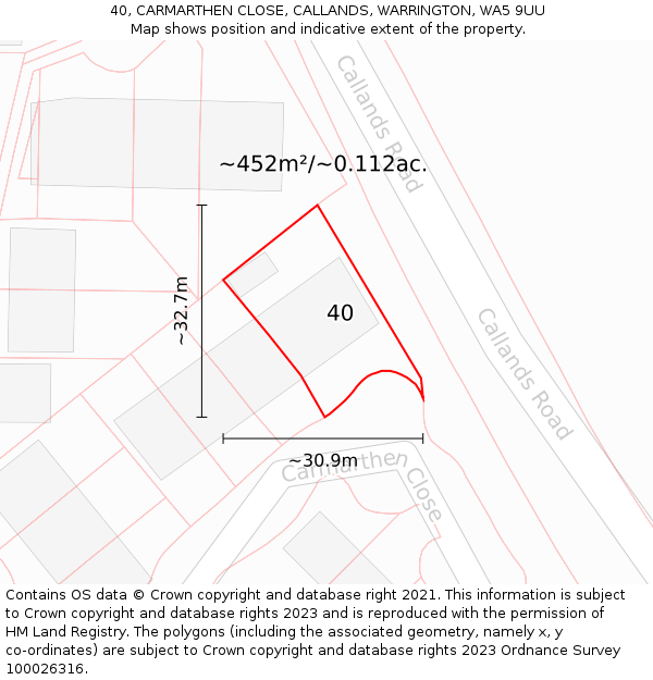 40, CARMARTHEN CLOSE, CALLANDS, WARRINGTON, WA5 9UU: Plot and title map