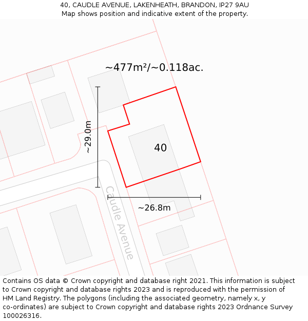 40, CAUDLE AVENUE, LAKENHEATH, BRANDON, IP27 9AU: Plot and title map