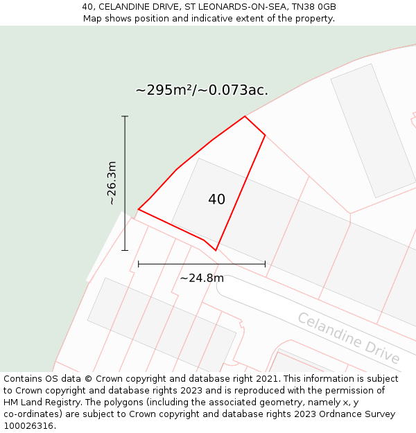 40, CELANDINE DRIVE, ST LEONARDS-ON-SEA, TN38 0GB: Plot and title map