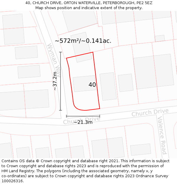 40, CHURCH DRIVE, ORTON WATERVILLE, PETERBOROUGH, PE2 5EZ: Plot and title map