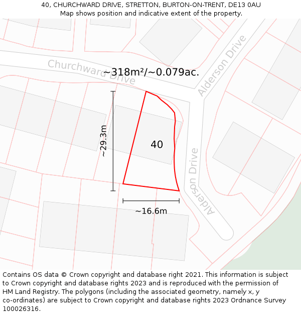 40, CHURCHWARD DRIVE, STRETTON, BURTON-ON-TRENT, DE13 0AU: Plot and title map