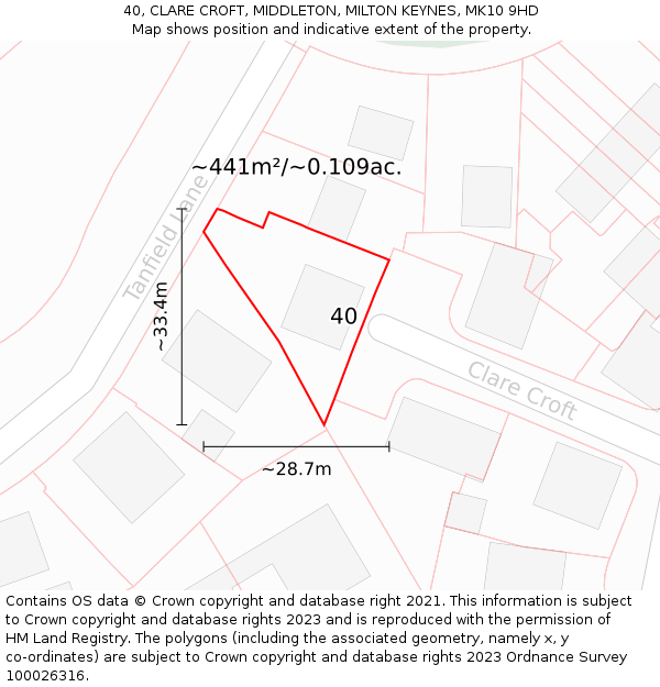 40, CLARE CROFT, MIDDLETON, MILTON KEYNES, MK10 9HD: Plot and title map