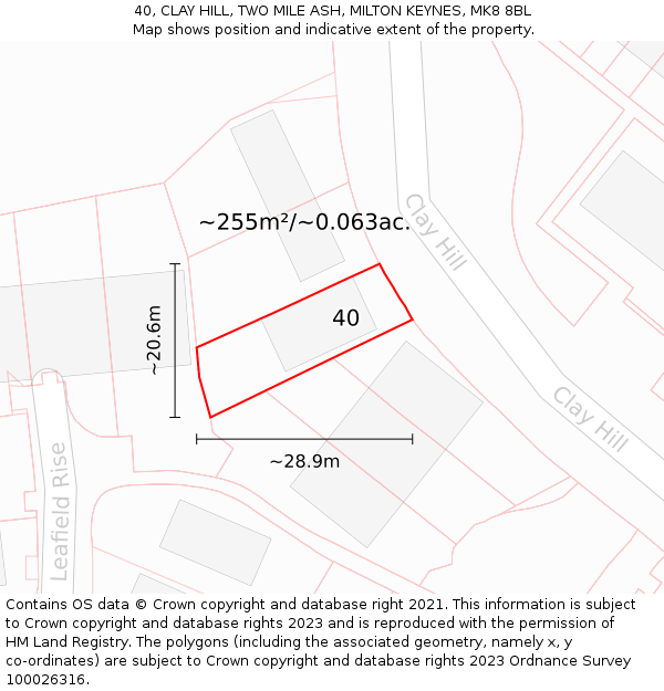 40, CLAY HILL, TWO MILE ASH, MILTON KEYNES, MK8 8BL: Plot and title map