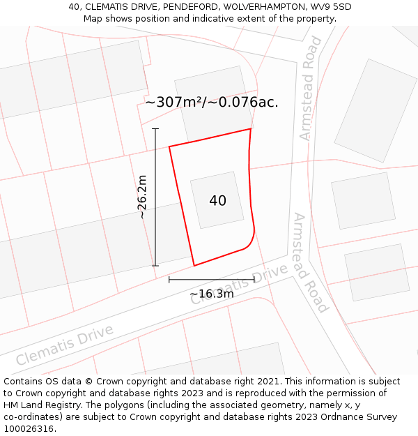 40, CLEMATIS DRIVE, PENDEFORD, WOLVERHAMPTON, WV9 5SD: Plot and title map