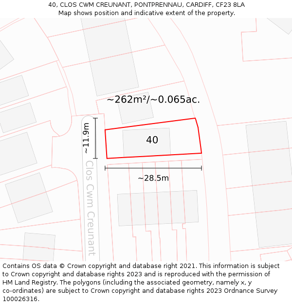 40, CLOS CWM CREUNANT, PONTPRENNAU, CARDIFF, CF23 8LA: Plot and title map