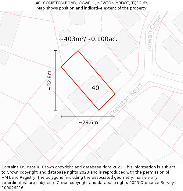 40, CONISTON ROAD, OGWELL, NEWTON ABBOT, TQ12 6YJ: Plot and title map