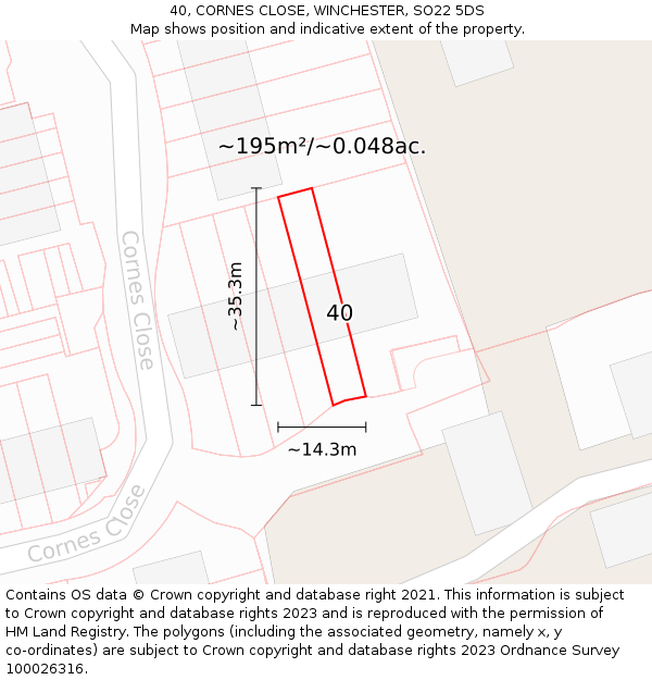 40, CORNES CLOSE, WINCHESTER, SO22 5DS: Plot and title map