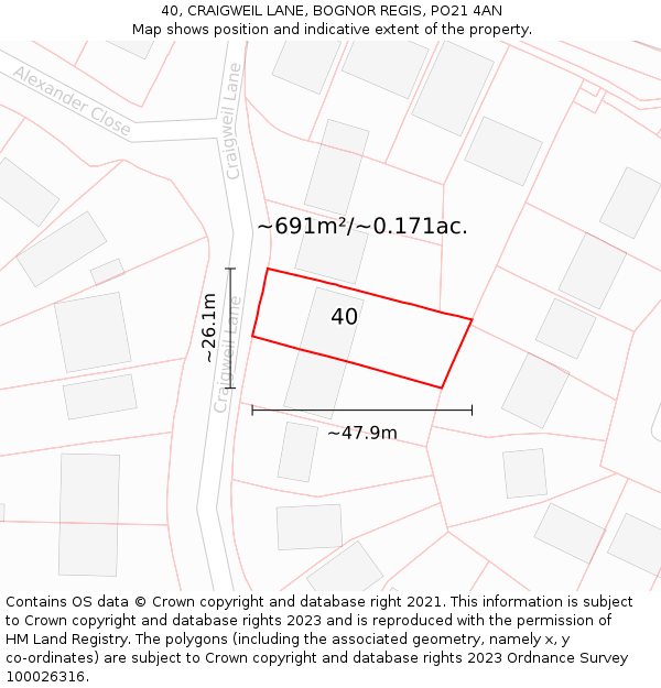 40, CRAIGWEIL LANE, BOGNOR REGIS, PO21 4AN: Plot and title map