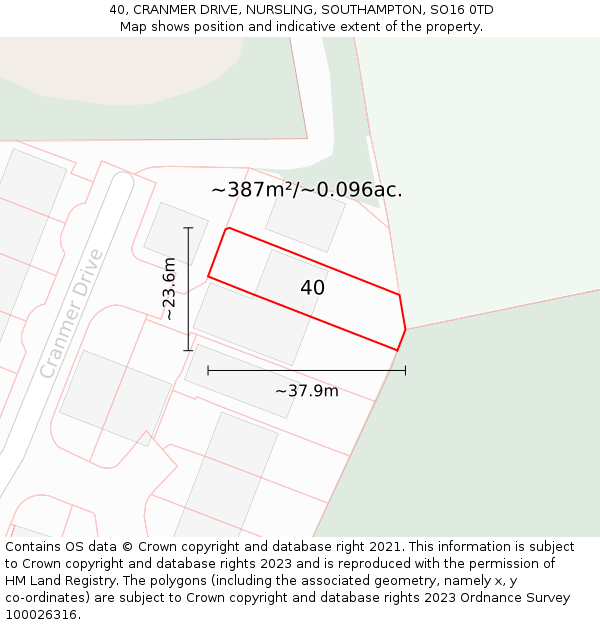 40, CRANMER DRIVE, NURSLING, SOUTHAMPTON, SO16 0TD: Plot and title map