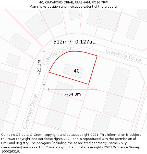 40, CRAWFORD DRIVE, FAREHAM, PO16 7RW: Plot and title map