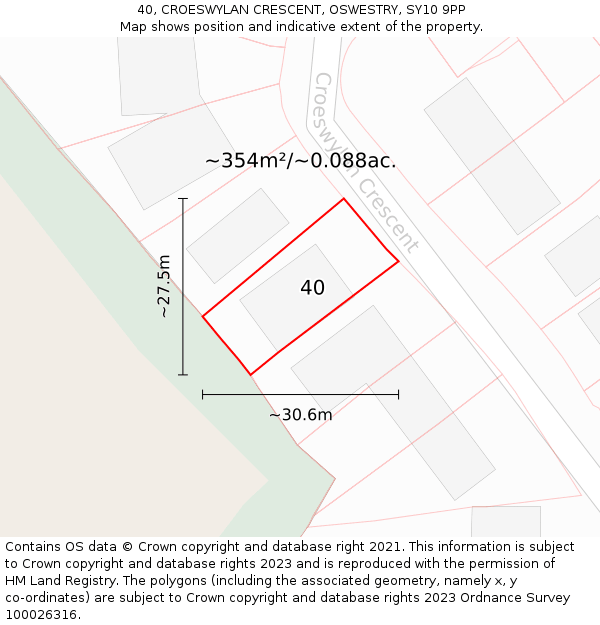 40, CROESWYLAN CRESCENT, OSWESTRY, SY10 9PP: Plot and title map