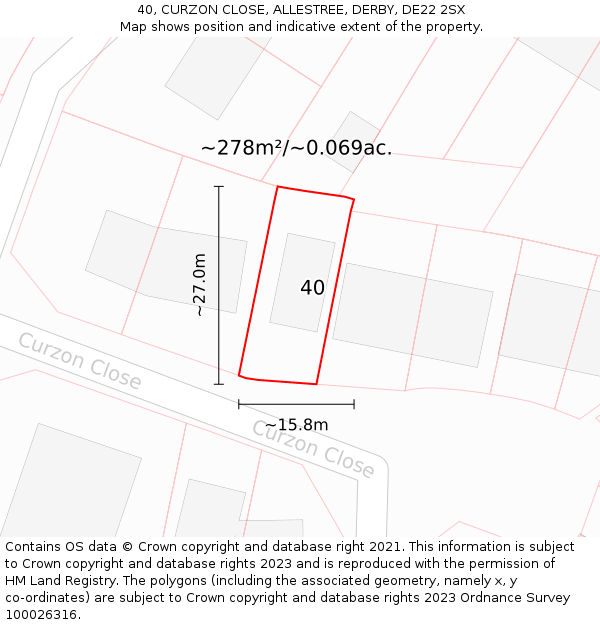 40, CURZON CLOSE, ALLESTREE, DERBY, DE22 2SX: Plot and title map