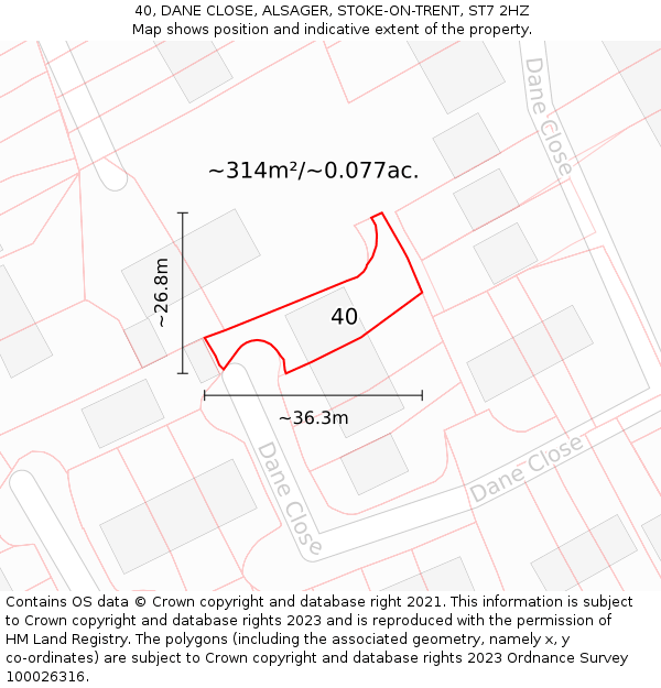 40, DANE CLOSE, ALSAGER, STOKE-ON-TRENT, ST7 2HZ: Plot and title map