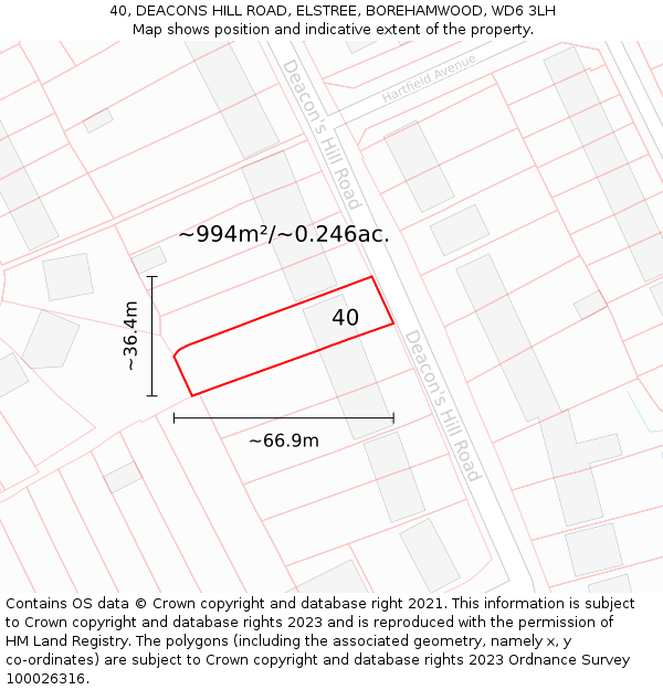 40, DEACONS HILL ROAD, ELSTREE, BOREHAMWOOD, WD6 3LH: Plot and title map