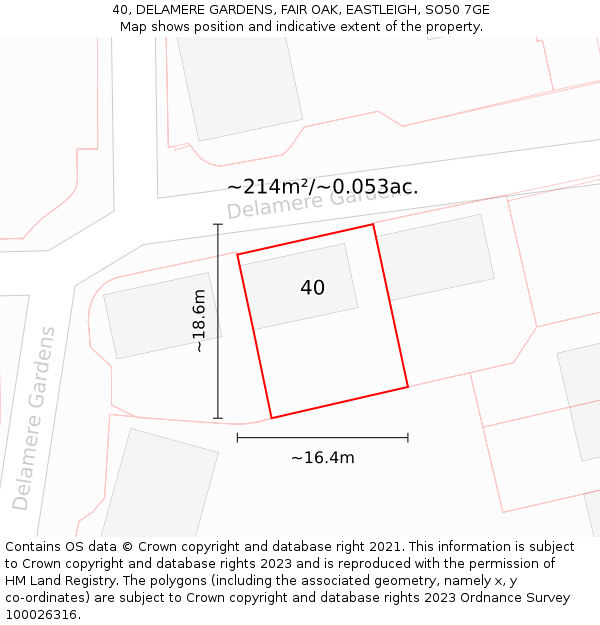 40, DELAMERE GARDENS, FAIR OAK, EASTLEIGH, SO50 7GE: Plot and title map