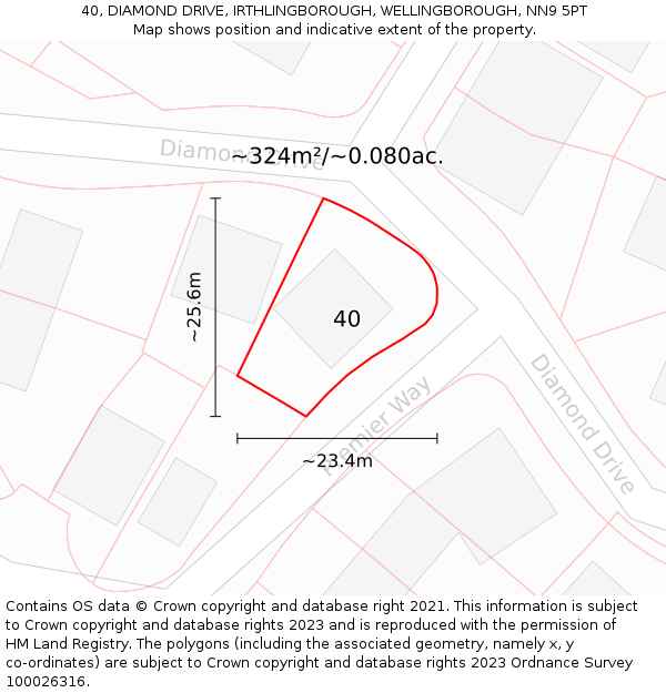 40, DIAMOND DRIVE, IRTHLINGBOROUGH, WELLINGBOROUGH, NN9 5PT: Plot and title map