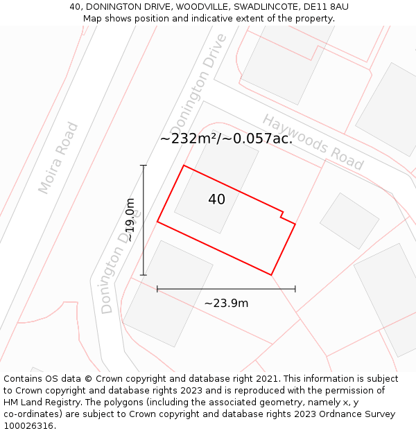 40, DONINGTON DRIVE, WOODVILLE, SWADLINCOTE, DE11 8AU: Plot and title map