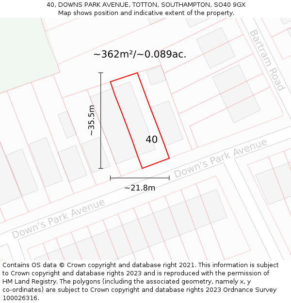 40, DOWNS PARK AVENUE, TOTTON, SOUTHAMPTON, SO40 9GX: Plot and title map