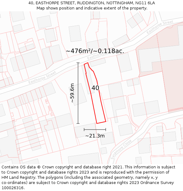 40, EASTHORPE STREET, RUDDINGTON, NOTTINGHAM, NG11 6LA: Plot and title map