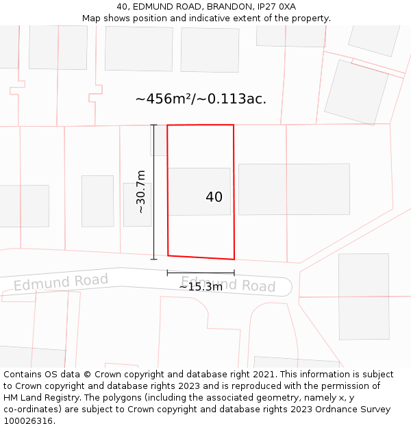 40, EDMUND ROAD, BRANDON, IP27 0XA: Plot and title map