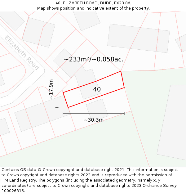 40, ELIZABETH ROAD, BUDE, EX23 8AJ: Plot and title map